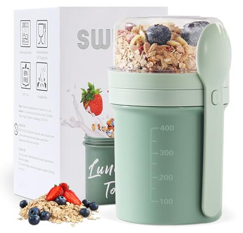 Swkien Tasse à emporter, 450 ml + 250 ml, céréale et yaourt, gobelet anti-fuite (vert)