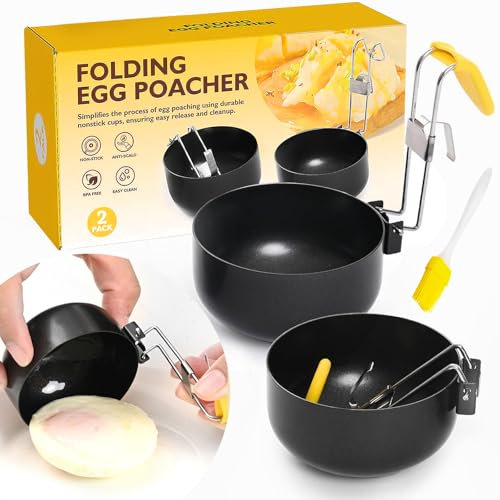 2Pcs Stainless Steel Egg Poacher Egg Cooker, Non-stick Egg Poacher New Collapsible Hang Ear Egg Boiler Poached Egg Maker for Kitchen Breakfast