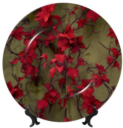 HSIRYAOHD Dekoteller aus Knochenporzellan, dekorativer Teller für Präsentation, Keramik-Dekoteller mit Ständer, rote Blumenranke, Keramik, Essteller, Basteln, 25,4 cm, Keramikornamente zum Aufhängen