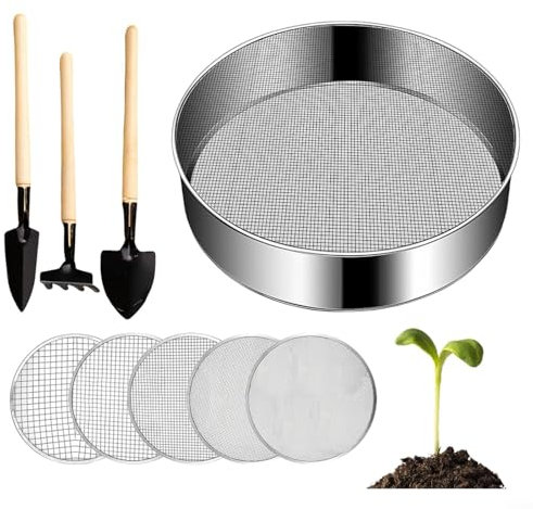 BlissfulAbode Setaccio da giardino rotondo in acciaio inox, 20 cm, con 5 setacci a rete intercambiabili, per miscelare il terreno, schermatura delle rocce, filtrazione della lettiera per gatti