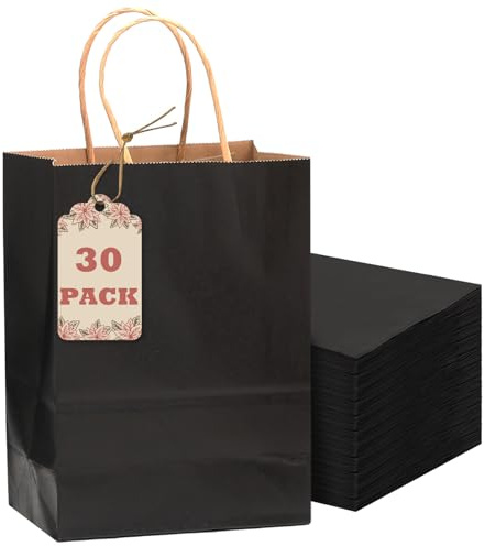 Gcardist 30-Packs Black Gift Bags with Handles 8.3x3x 6inch Small Size Kraft Present Paper Bags (15x8x21cm)