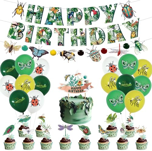 Bug Party Dekorationen - Einschließlich Insekten Thema Luftballons, Happy Birthday Banner, Cake Topper für Frühling Sommer Safari Biene Schmetterling Party Supplies