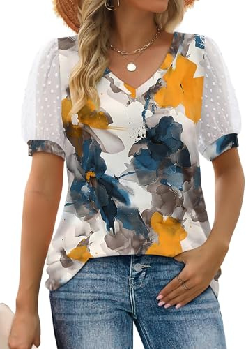 Aokosor Ladies T Shirts Women V Neck Tops Swiss Dot Puff Sleeve Summer Tee Floral Tie Dye Size 14-16