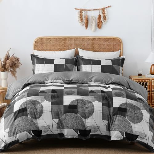 Duvet Cover Set Double Size Grey Geometry Beddding Set with Pillowcases for Teens Adults Soft Microfiber Polyester Geometry Bedding, 200x200cm