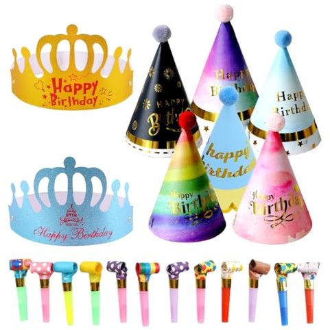 OUDQFCJ 20 Pezzi Cappellini Festa Compleanno, in Carta con Corona Cono Colorati Fischietti, per Bambini e Adulti Decorazione