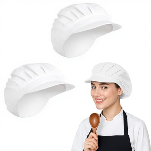 COYUN Lot de 2 chapeaux de chef élastiques de cuisine, chapeaux de cuisinier, chapeau de chef respirant, chapeau de chef élastique réglable avec bord, chapeau de chef femme et homme avec bord, blanc