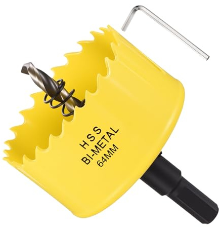 METALLIXITY Kit de Tarauds à Trou Bi-Métal 64mm (2-17/32), Taraud à Trou en Acier Rapide M42 avec Pointe Centre, Clé Hexagonale et Ressort - pour Tôle Métallique, Bois, Jaune