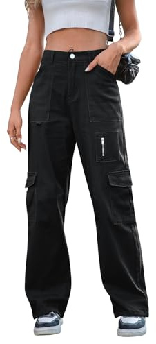 IVIR Cargo Pants Women High Waist Wide Leg Casual Pants with 7 Pockets Stretchy Drawstring Baggy Y2K Trousers Black L