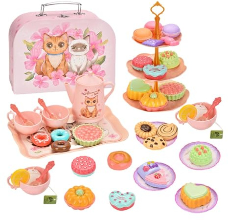 TTETTZ Juego de Té para Niñas Set de Cocina Infantil Simulación Tazas Bandeja Postres Accesorios Educativos Material Adecuado para Fiestas de Cumple, Estilo E