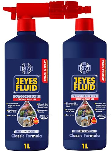Jeyes Fluid Outdoor Cleaner Attach & Spray 2 x 1L – Hose-On Patio Cleaner – No Dilution, Makes 40L Disinfectant (Covers 100m²) – Classic Formula for Patios, Greenhouses, Kennels – Kills 99.9% Bacteria