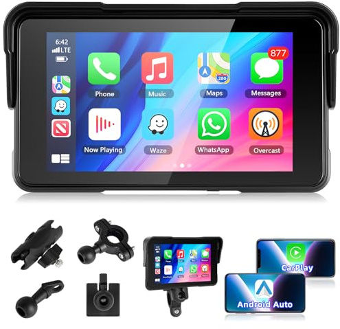 Motorrad Carplay Bildschirm mit Navigation, Motorsi Tragbarer 5 Zoll Wasserdichter Touchscreen mit Kabelloses CarPlay und Android Auto Motorrad, Bluetooth, EQ, Kalibrierung Berühren