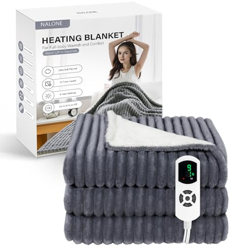 NALONE Coperta Riscaldante Elettrica Matrimoniale, Textra Spessa ermocoperta Matrimoniale 160x130cm con 9 Livelli Di Calore e 12 Timer, Coperta Termica Singola e Doppie Lavabile