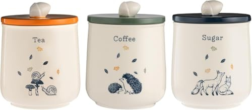Home Deco London Ceramic Kitchen Storage Jars, Tea Coffee Sugar Canisters, Airtight Silicone Seal (Woodland Tea, Coffee & Sugar Set)