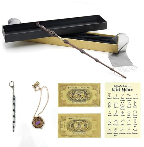 Baguette Magique de Dumbledore, Harry P Wizarding World Accessoire, avec chaîne retourneur de Temps Hermione Baguette Magique de Dumbledore - Porte-clés, Feuille de Sorts, Billet Aller-Retour