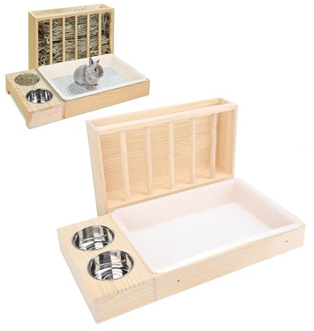 3 in 1 Kaninchen Heu Futterstation mit Katzentoilette, Großes Fassungsvermögen Schmutzabweisende Hasentoilette aus Holz mit 2 Schüsseln für Meerschweinchen, Hamster, Chinchilla