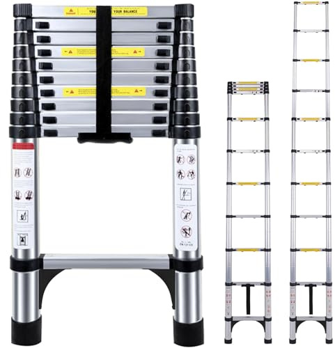 Telescopic Ladder 3.2M Aluminium Extension Ladder, Loft Ladder | Multi Purpose Adjustable Height Ladders Extendable, Folding Ladders Non-Slip Feet & Safety Locks for Roof Attic Caravan