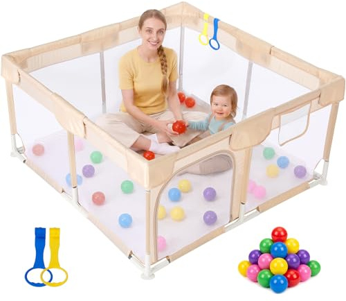 Dripex Baby Playpen for Baby and Toddlers, Beige, Small, 124x124x64cm