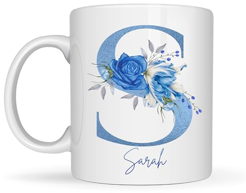 Be Buz Custom Alphabet Coffee Mug, Personalised Floral Initial A-Z, 11oz White Ceramic, Glossy Finish, Reusable Gift for Her Mom and Friends