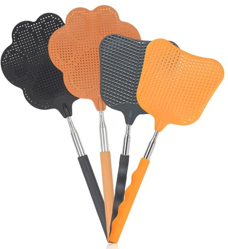 HYRKOTW Matamoscas telescópico ajustable de 4 piezas, mango de acero inoxidable de 63-66 cm, con agarre antideslizante para uso en interiores y exteriores (marrón, negro, gris, naranja).