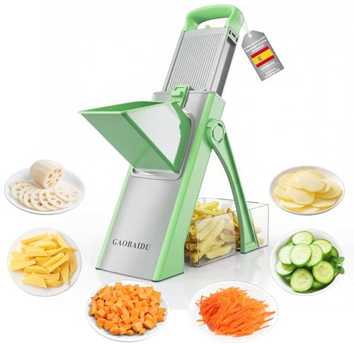 Cortador de mandolina seguro para cocina, cortador de papas ajustable,cortador de papas fritas,Lâminas de aço construídas, Utensílio de corte de cozinha para batata (verde grande)