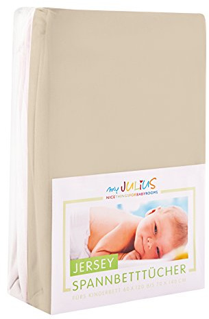 Julius Zöllner Jersey Spannbetttuch Doppelpack für das Kinderbett, Gr. 60x120 / 70x140, sand & weiß