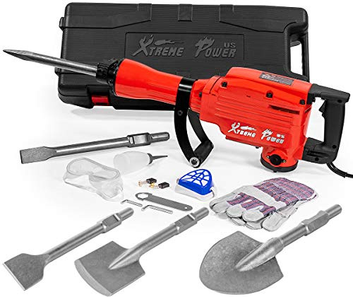 XtremepowerUS 2200W Electric Demolition Jack Hammer Concrete Floor Demo Breaker Cement Breaker Drill DIY Tool Remodel 5PCS Bull Point, Flat Chisel, Clay Spade, Scraping, Asphalt Chisel Set