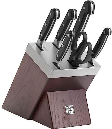 Zwilling Pro självslipande knivblock, 7 stycken, ask, kniv och sax av rostfritt specialstål, 3-nitdesign, brun