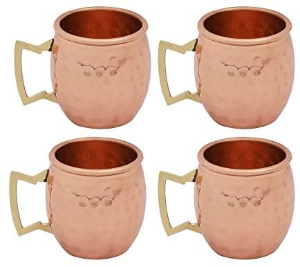 Buddha4all 2 Oz. Solid Copper Mini Moscow Mule Shot Mug Set Copper Hammered Shot Glass Set (4)