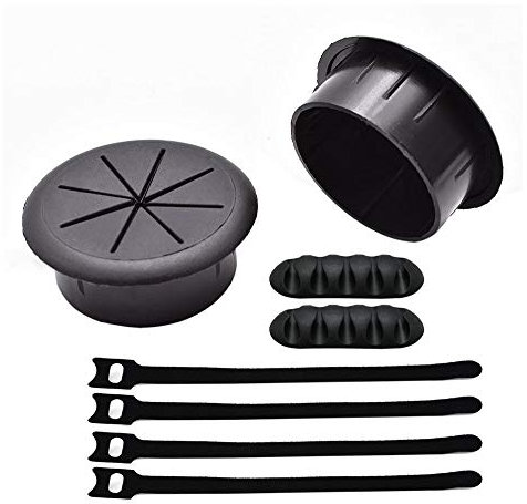 2 Inch(50mm) Black Flexible Desk Hole Cover Grommets and Cable Organizer Kits for Desktop Equipment Wiring Management and Protection (2pcs Desk Grommets + 2pcs 5 Slots Clips + 4pcs Reusable Ties)