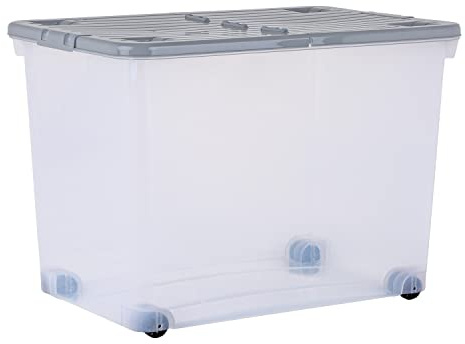 Wham Wheel 3 x 80L Plastic Storage Boxes with Folding Lid & Wheels | Ideal for Home, Office, Toys & More | Large Boxes | Made in UK - Clear/Cool Grey
