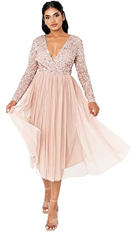 Maya Deluxe Damen Maya Deluxe Dames Wedding Guest Midi Jurk met lange mouwen en V-hals V-hals Brautjungfernkleid, Taupe Blush, 46 EU