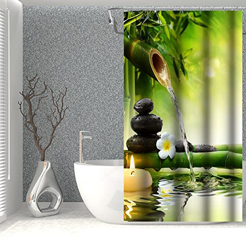 SDOTPMT 90x183cm Spa Bambou Rideau de Douche Vert Feuilles Bougies Eau Thérapie Floral Zen Méditation Basalte Pierres pour Salle Bains Polyester avec Crochets