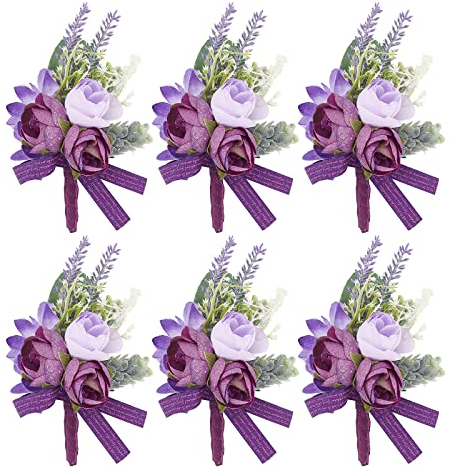 craspire Ansteckblume Für Herren, Hochzeit, Ansteckblume, 6er-Set, Lila, Rose, Lavendel, Blumen, Bräutigam, Ansteckblume Für Bräutigam Und Trauzeuge, Für Hochzeitsfeier, Abschlussball, Jubiläum