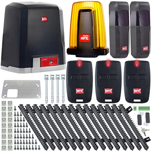 BFT Deimos-Ultra-Kit A600 Schiebetorantrieb Torantrieb automatischer Toröffner für max. 600kg und 12m Schiebetor mit 3 Fernbedienungen, 5m Zahnstange, Alarmleuchte, Lichtschranke für Hoftor
