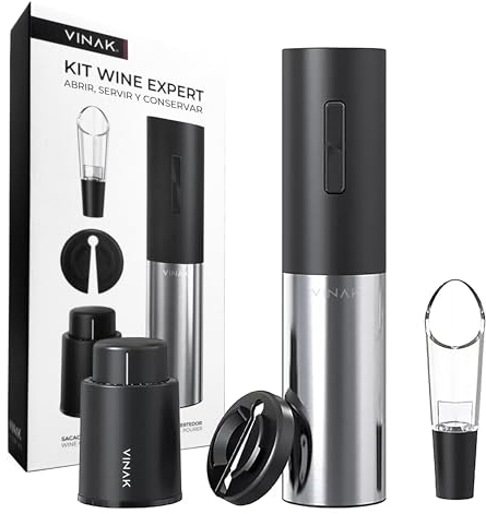 VINAK - KIT Wine Expert - Tire-bouchon électrique rechargeable en acier inoxydable + bouchon à vin sous vide + bec verseur et coupe-capsule | Design moderne | Décapsuleur sans effort