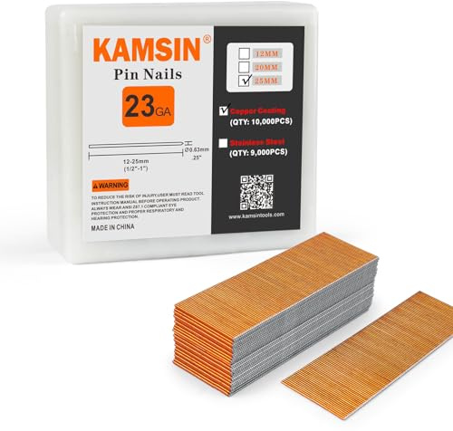 KAMSIN P625 kopflose Stiftnägel, 23 Gauge 2,5 cm Beinlänge, Kupferbeschichtung, 10.000 Stück/Box, Stiftnägel und Verschlüsse für pneumatische Stiftnagler, Luftstift-Nagelpistole