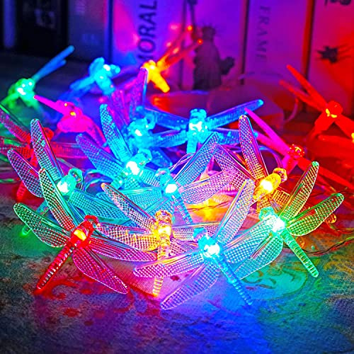 KINGCOO Dragonfly String Lights, 3M 20Led Dragonfly Copper Wire Fairy Decorative Lights Battery Powered for Bedroom Summer Garden Landscape Wedding Party Christmas Lighting Decoration(Multicolor)