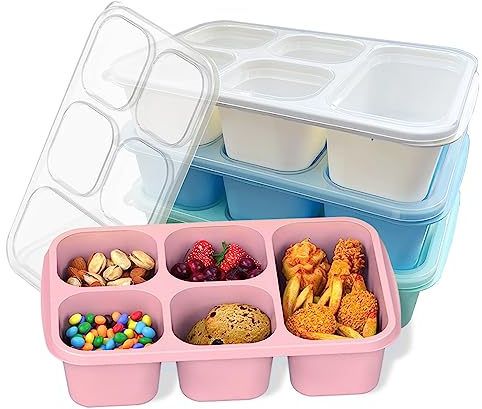MEEYUU 4 Pack Bento Lunch Box for Adults and Kids, 5-Compartment Meal Prep Container for Kids, Reusable Food Storage Containers with Transparent Lids, Microwaveable (Green/Blue/Pink/Beige)