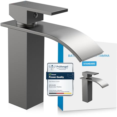 Bächlein badrum kran Tamina i vattenfallsdesign, engreppsblandare med hållbar keramisk patron och monteringssats, badrumskran antracit