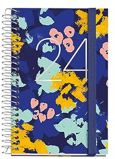 Miquelrius - Jahresplaner 2024, Wochenansicht, Caddy 80 x 120 mm, Hardcover, Spiralbindung, Gummiverschluss, Katalanisch, Englisch und Portugiesisch, Blumen mit Stempeln Silber