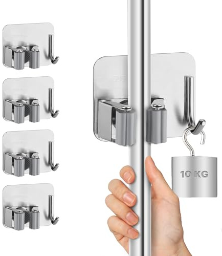 M JINGMEI Mop Holder Wall Mounted, 4 Pcs Stainless Steel Self Adhesive Mop Broom Holder with Hooks Hanger Self-Adhesive Broom Holder for Office, Closet, Garden Garage, Bathroom,Kitchen (Silver)