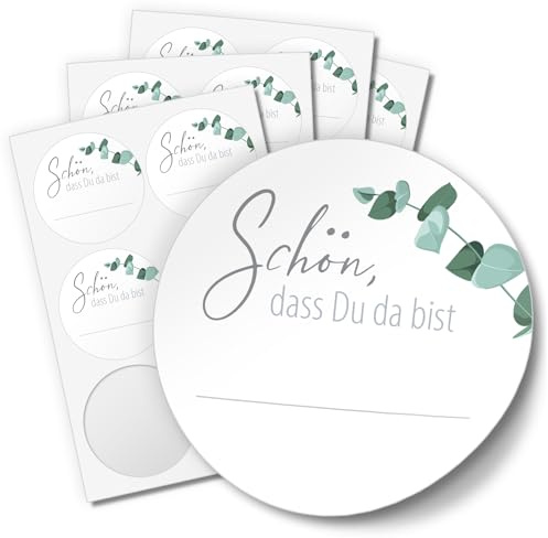 48 Aufkleber SCHÖN, DASS DU DA BIST für Hochzeit Geburtstag Danke Taufe Etiketten rund 4cm, Eukalyptus grün