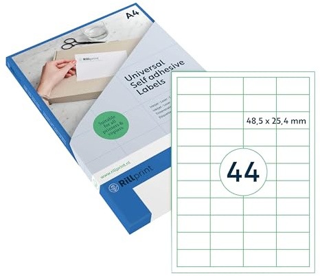 Rillprint Etiquetas multiusos autoadhesivas – transparente mate – 1100 unidades – 48,5 x 25,4 mm – 44 etiquetas adhesivas por hoja A4 – Imprimibles y extraíbles – Pegatinas universales para