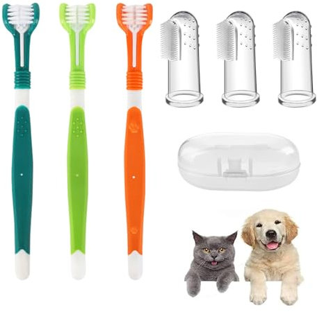 ChAusa 6 Pieces Dog Cat Toothbrush Set, Triple Head Pet Toothbrush, Finger Silicone Toothbrushes, Multi-Angle Teeth Cleaning, Orange, Dark Green, Green, Transparent