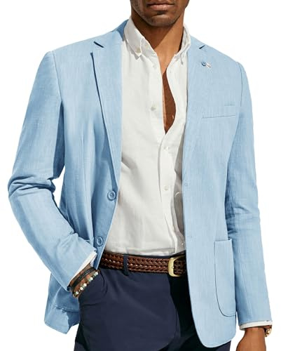 PJ PAUL JONES Mens Linen-Cotton Blazer Regular Fit Two Buttons Sport Coats Lightweight Summer Blazer Jacket Light Blue XL