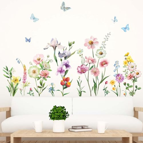 Amimagen Wandtattoos Blumen Wandaufkleber - Wildblume Gras Schmetterlinge Daisy Floral Wandsticker - Mädchen Schlafzimmer Wohnzimmer Sofa TV Hintergrund Wanddeko