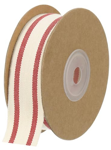 QUARKZMAN Naturale Cotone Righe Nastro 2,5cm x 9,1m Cotone Tessuto Nastro Rotolo Naturale con Rosso Grosgrain Nastro per Regalo Confezione Fai da Te Artigianato Fiocchi Creazione