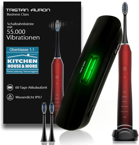 Tristan Auron Schallzahnbürste - Beste Reisezahnbürste 2025-100 Tage risikofrei testen - 55000 Elektrische Schwingungen 5 Programme 60 Tage Batterie mit UV Reiseetui 2 Aufsätze Business Class Rot
