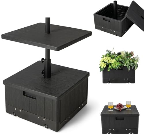 RELAX4LIFE 3 in 1 Base per Ombrellone con Ruote, Tavolino per Ombrellone, Base Riempibile con 45 L di Acqua o 67 kg di Sabbia, Fioriera Mlutifonzionale per Giardino e Terrazza (Nero)