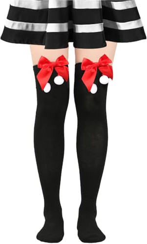 LXONTSG Rodilla Calcetines Navideño, 1 Pares Medias Fiesta Navideño, Calcetines Largos Navideño, Largos Rayado Calcetines, Navidad Largas Medias, Sobre Rodilla Medias, para Niñas y Mujeres (Negro)